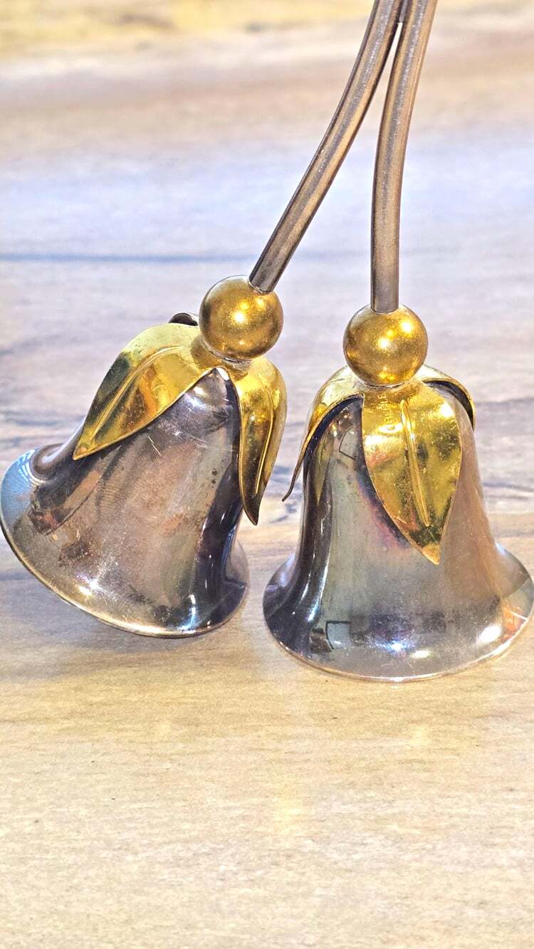 Set of 2 Small Metal Hand Bells w/ Handle, Silver/Gold Floral Leaf Pattern